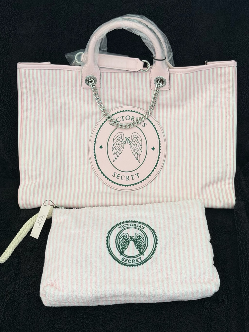 NWT Victoria’s Secret Heritage Stripe Tote Bag + Terry Large Pouch Wristlet Set